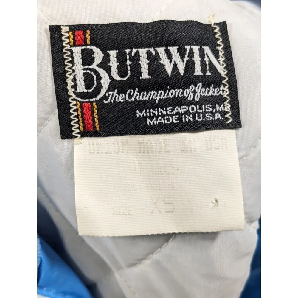 Vintage Butwin Jacket XS Nylon Varsity Style Lined  Front Zip Pocket Blue Gray